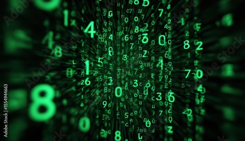 Green digital numbers radiating, dark background, data stream, tech concept