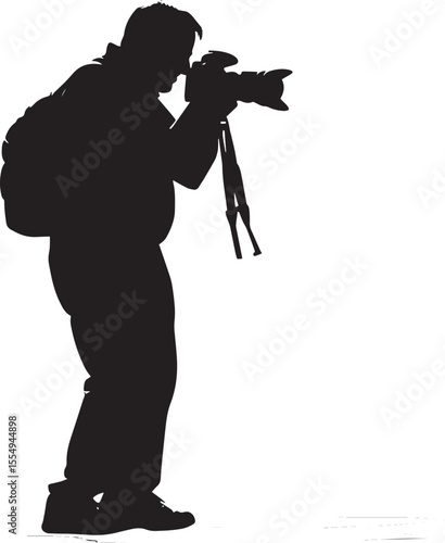 Elderly man with a camera, concentrating on capturing a photo, shown in a full-length silhouette.