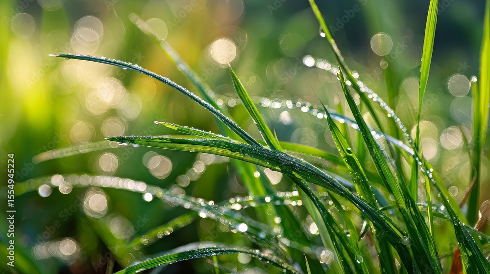 Dew on vibrant green grass blades in morning sunlight with soft bokeh Dew on vibrant green grass blades in morning sunlight with soft bokeh