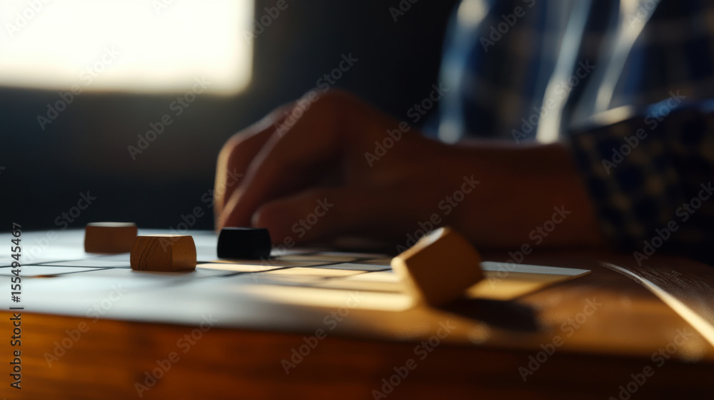 Fototapeta premium Strategic game of checkers being played at a cozy indoor setting during evening hours