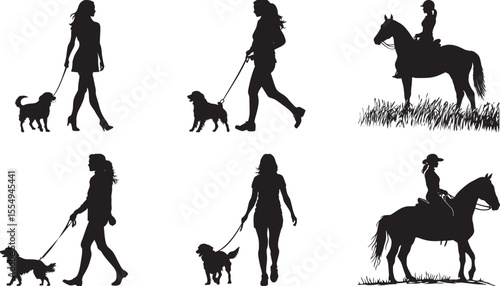 Collection of A woman holding a leash, walking with a dog and riding horse, depicted in a full-length black silhouette.