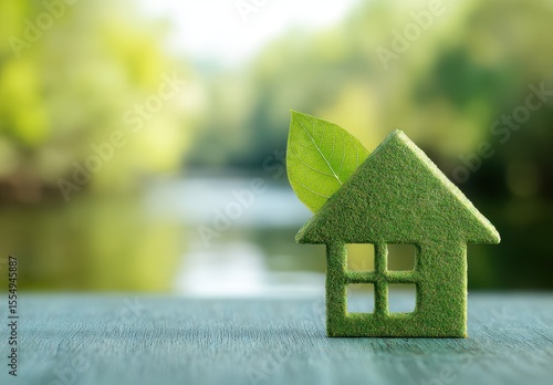 Green house model, leaf, nature background, eco-friendly home concept