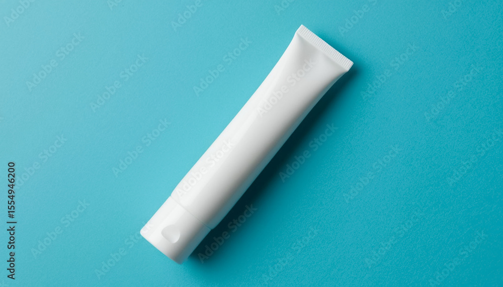 A white tube of mocap on a pastel blue background A white tube of mocap on a pastel blue background