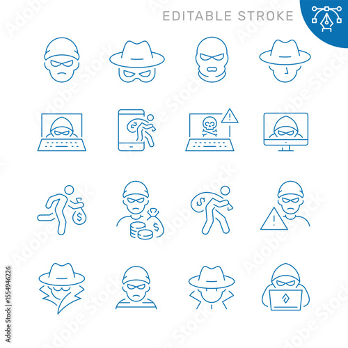 Vector line set of icons related with thief. Contains monochrome icons like hacker, thief, spy, mask, crime and more. Simple outline sign. Editable stroke.