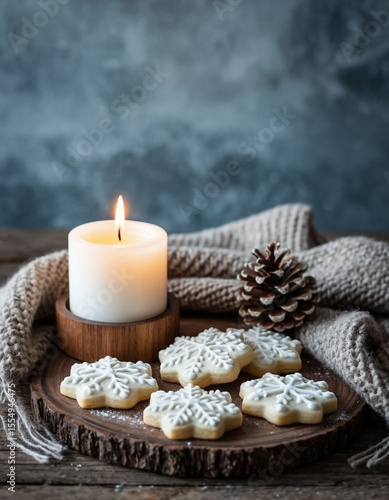 Christmas candle and cookie background with copy space