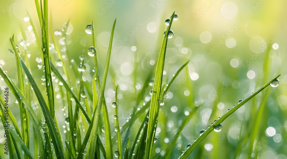 Obraz premium Close-up of fresh green grass blades covered with water