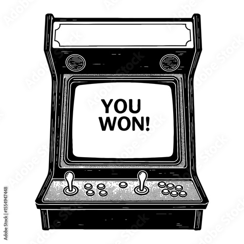 Retro Arcade Game Machine Front View with You Won Text Display Black and White Outline Line Art Drawing