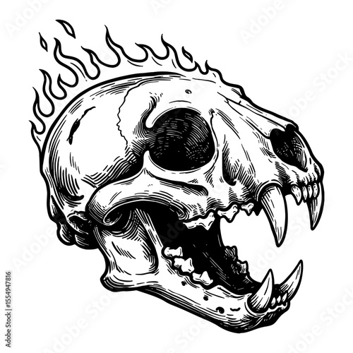 Flaming Panther Skull Monster Black and White Outline Line Art Drawing with Whole Jaw and Sharp Teeth