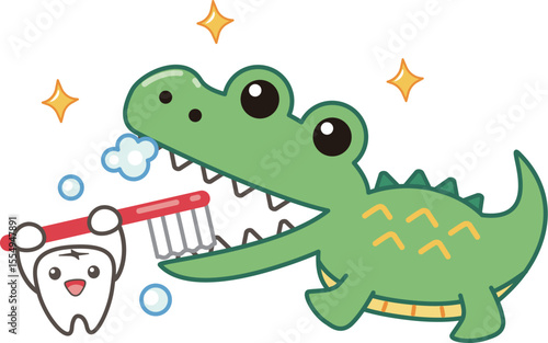 歯を磨くワニのイラスト