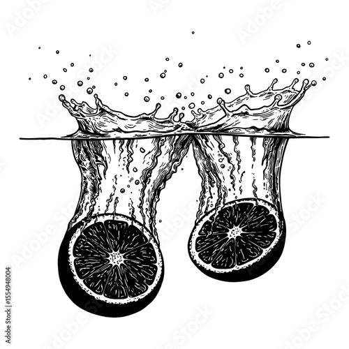 Peeled Oranges Halves Falling into Water Creating a Splash Black and White Outline Line Art Drawing