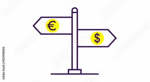 This high-quality vector graphic features a minimalist deep purple outline signpost icon with bright yellow Euro and Dollar symbols, emphasizing currency exchange and a cheerful design.