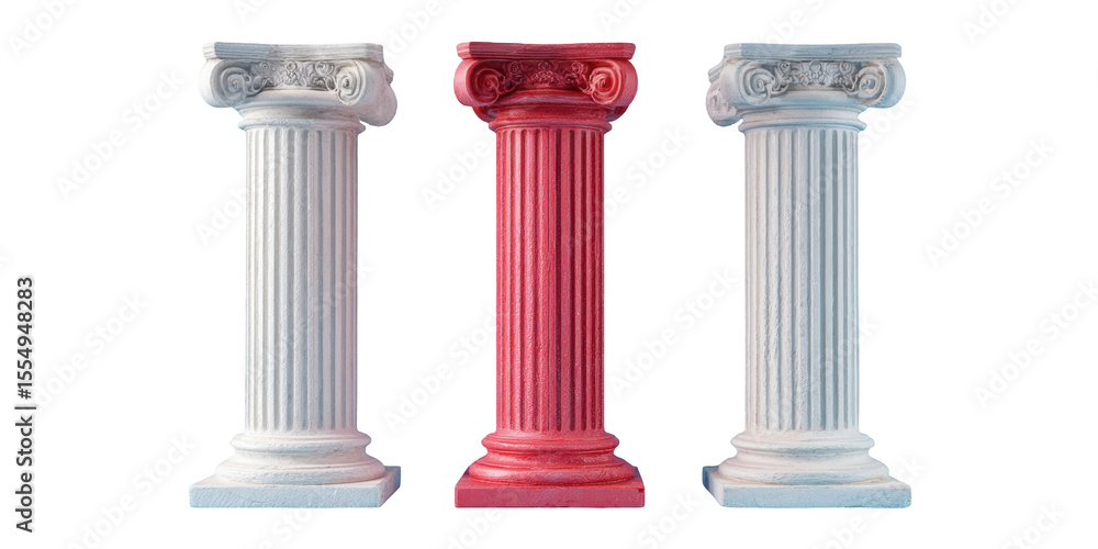 Three classic greek columns white red architectural design elements 3d on transparent background Three classic greek columns white red architectural design elements 3d on transparent background