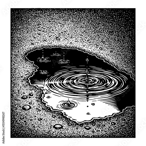 Water Puddle in Concrete Surface with Raindrops Falling and Ripples Black and White Outline Line Art Drawing