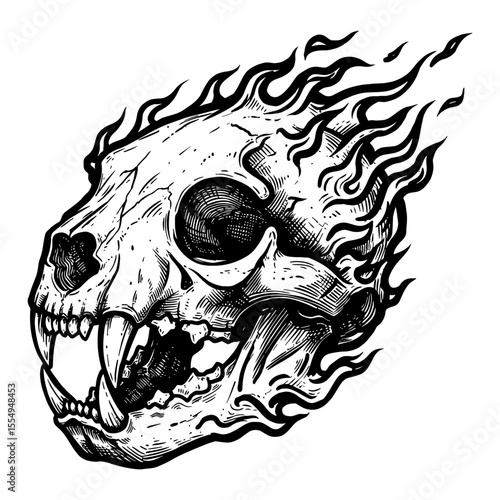 Flaming Panther Skull Monster Black and White Outline Line Art Drawing with Fierce Jaw and Fire Detail