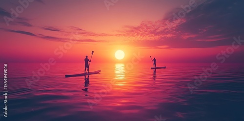 Sunset Paddleboarding: Silhouetted Figures on Calm Waters