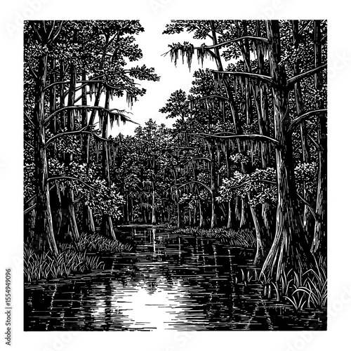 Tranquil River Swamp Landscape Scene with Lush Cypress Trees and Spanish Moss Black and White Outline Line Art Drawing