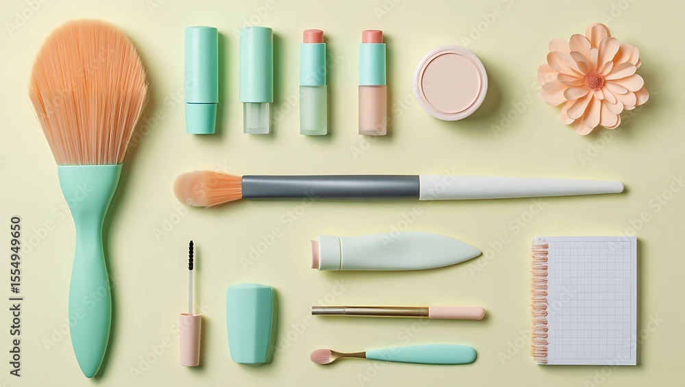 Flat lay of makeup essentials with flower and notepad on a yellow background Flat lay of makeup essentials with flower and notepad on a yellow background