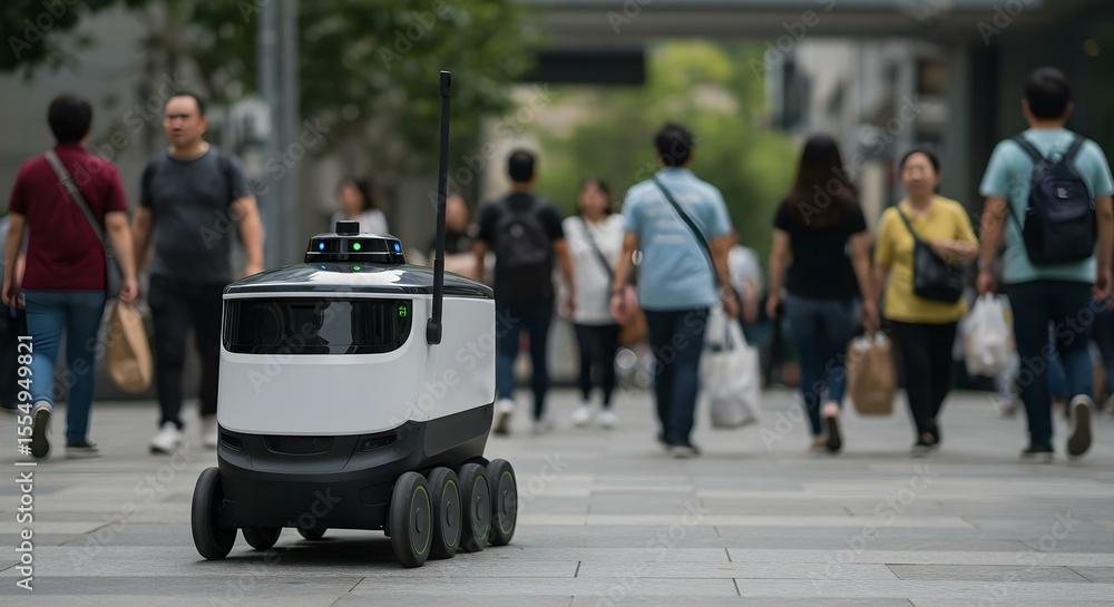 Naklejka premium Autonomous delivery robot navigates a busy city street, blending technology with daily urban life, Futuristic delivery robot shares sidewalk with pedestrians in a modern urban setting