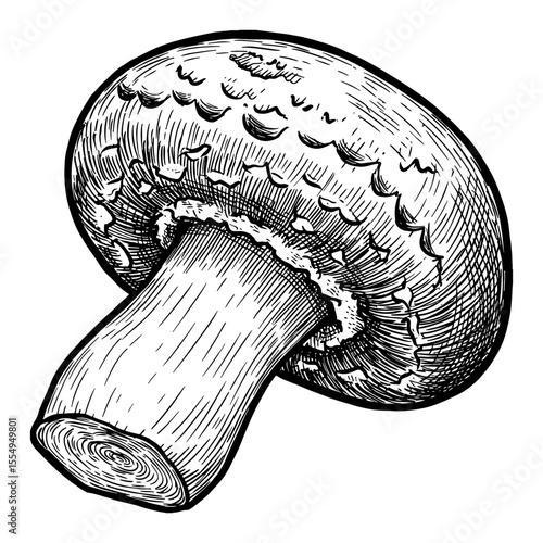 Fresh Organic Button Mushroom Fungus Vintage Black and White Outline Line Art Drawing Hand Drawn