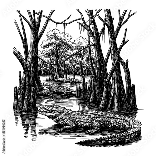 Detailed River Swamp Landscape with Crocodiles and Mangrove Trees Black and White Outline Line Art Drawing