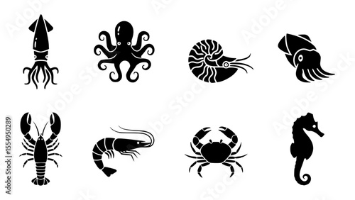 Collection of marine life, featuring different aquatic creatures with their silhouetted forms in a row. There is an octupus, seahorse, a shrimp and more