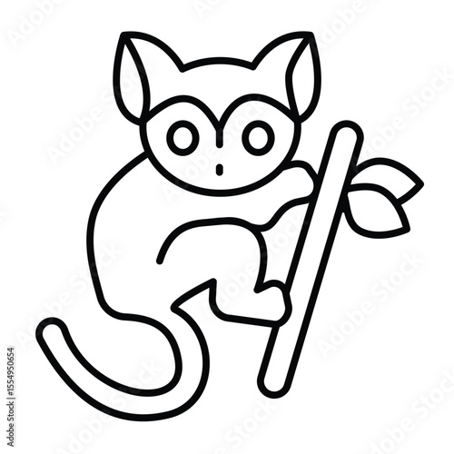 Tarsier animal on tree branch thin line icon, tropical voyage concept. Vector graphics. Tropical monkey, wild life sign on white background, style mobile or design.