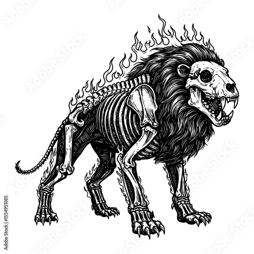 Flaming Lion Skeleton Monster with Whole Body Coat Black and White Outline Line Art Drawing