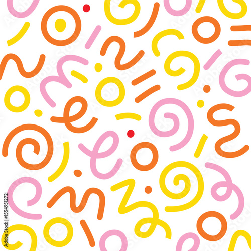 Colorful abstract pattern with yellow, orange, and pink curved lines and dots on transparency background, playful and energetic mood