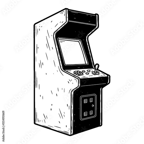 Retro Arcade Game Machine Vintage Black and White Outline Line Art Drawing Isolated Engraved Object