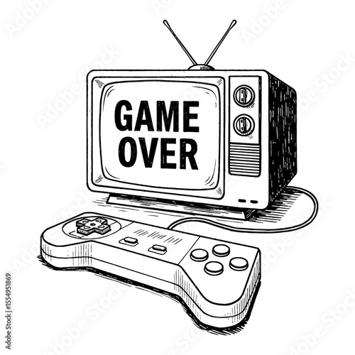 Vintage Game Controller in front of Retro Television Displaying Game Over Black and White Outline Line Art Drawing