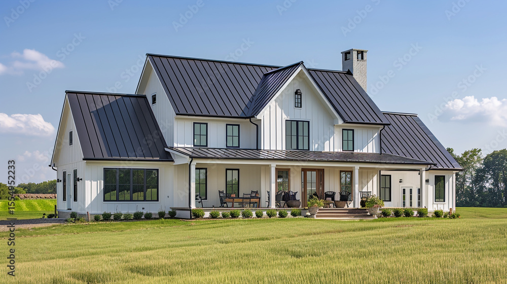 Modern Farmhouse Design with Black Metal Roof and White Board Exterior Surrounded by Lush Green Fields Under a Clear Blue Sky Modern Farmhouse Design with Black Metal Roof and White Board Exterior Surrounded by Lush Green Fields Under a Clear Blue Sky