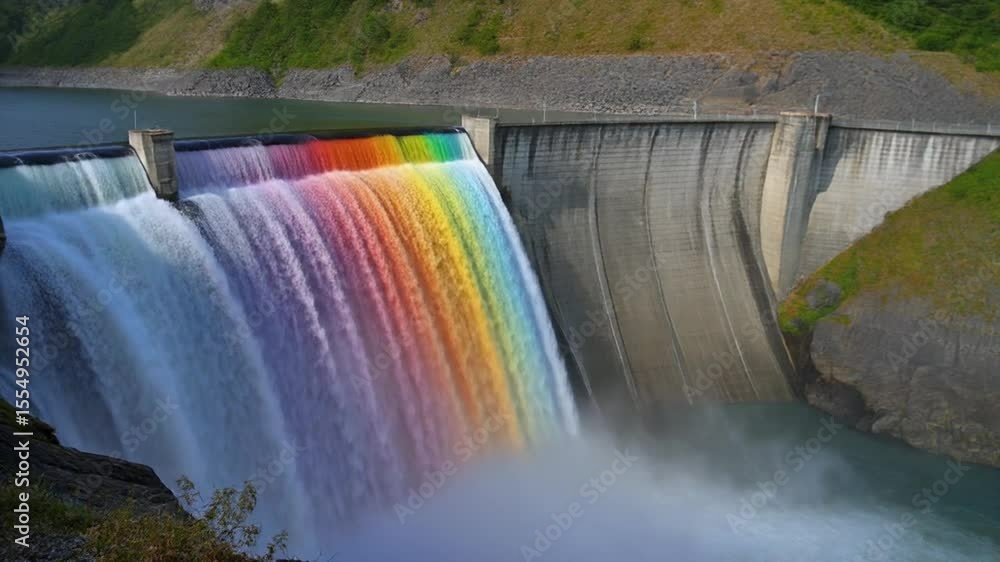 Miyagase dam spillway releasing water colored like a rainbow, creating a mesmerizing spectacle against the backdrop of the concrete dam wall and the surrounding natural landscape Miyagase dam spillway releasing water colored like a rainbow, creating a mesmerizing spectacle against the backdrop of the concrete dam wall and the surrounding natural landscape