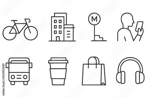 Urban lifestyle vector icons featuring transport, coffee, shopping, and communication, vector illustration