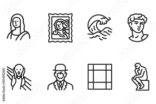 Iconic artworks and famous paintings in minimalist line art style, vector illustration