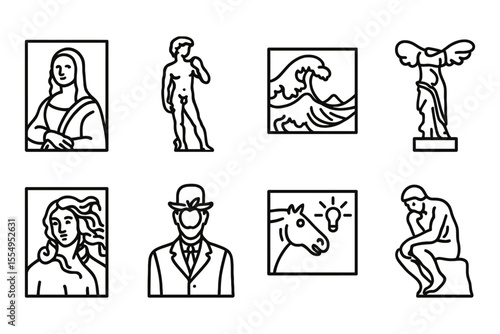 Iconic artworks and sculptures line art collection, vector illustration
