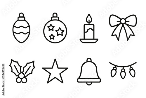 Minimalist christmas icon set featuring ornaments, candle, and holiday elements, vector illustration