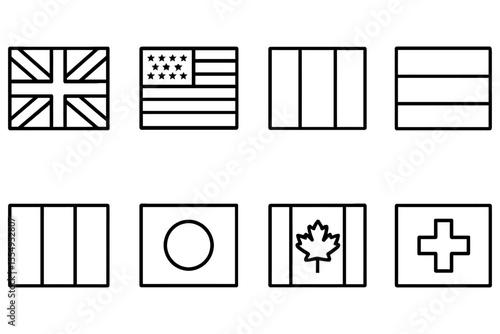 Minimalist world flags collection featuring national symbols, vector illustration