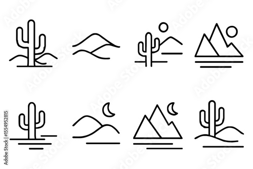 Minimalist desert and mountain landscape vector icons with cactus and moon, vector illustration