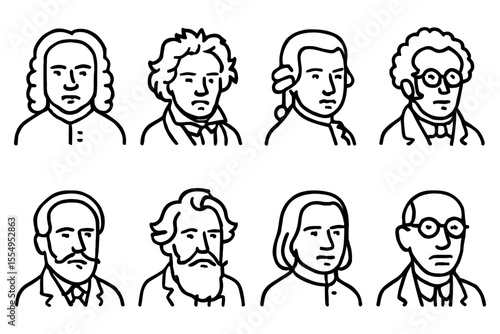 Famous composers portraits vector illustration in minimal line art style