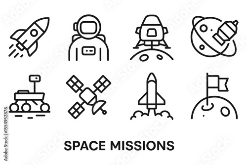 Space missions illustration featuring rocket, astronaut, satellite, and space probe elements, vector illustration