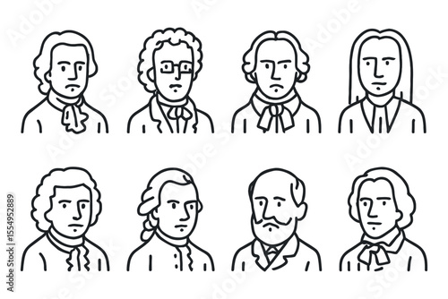 Classical composers portraits, minimalist line art of historical musicians, vector illustration