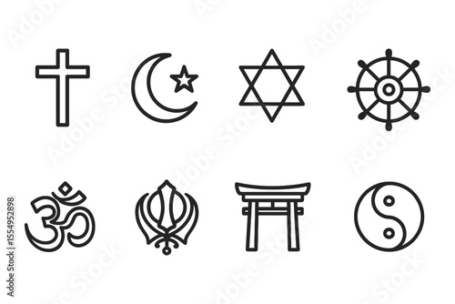 Religious symbols collection featuring cross, crescent, star, and more, vector illustration