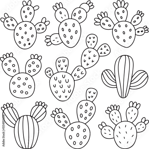 Prickly Pear Cactus Doodle Set with Hand-Drawn Pads Fruits and Sketch Lines