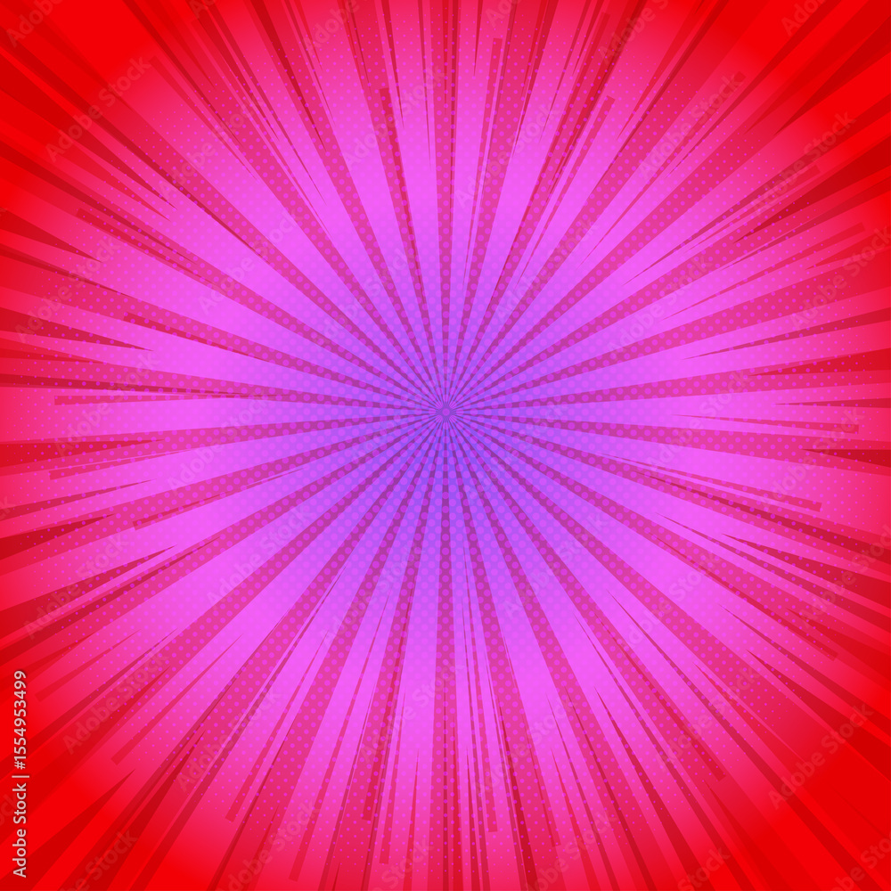 Obraz premium Abstract radial purple comic background. Art pop cartoon backdrop. Halftone effect pattern. Fun anime texture. Starburst manga style bg. Mark popart radial gradient. Spiral, swirl, comic rays