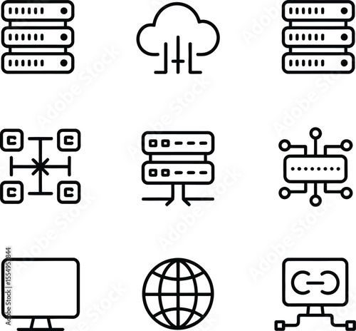 Cloud Computing and Network Infrastructure Line Icon Set