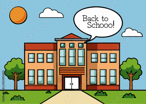 Cartoon School Building with Back to School Bubble Trees Clouds and Sun