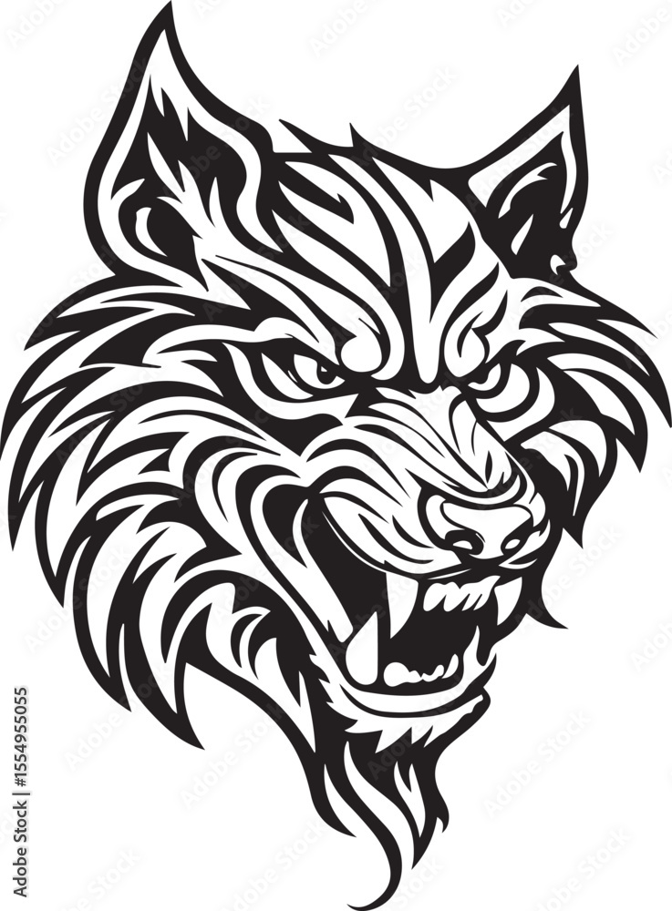 Obraz premium Fierce Wolf Head Illustration Black and White Tribal Design