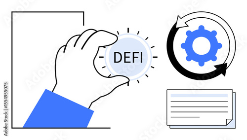 Hand grasping DeFi token, circular arrows around a gear, and a document stack. Ideal for finance, blockchain, cryptocurrency, innovation, technology decentralization fintech. Simple flat metaphor