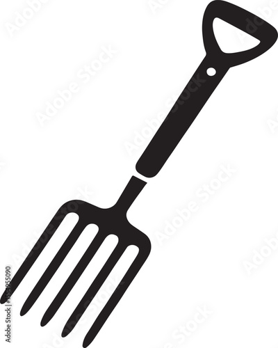 Black silhouette of a garden fork with four tines and a looped handle