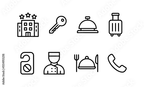 Hotel services and amenities icons collection featuring key, bell, and luggage